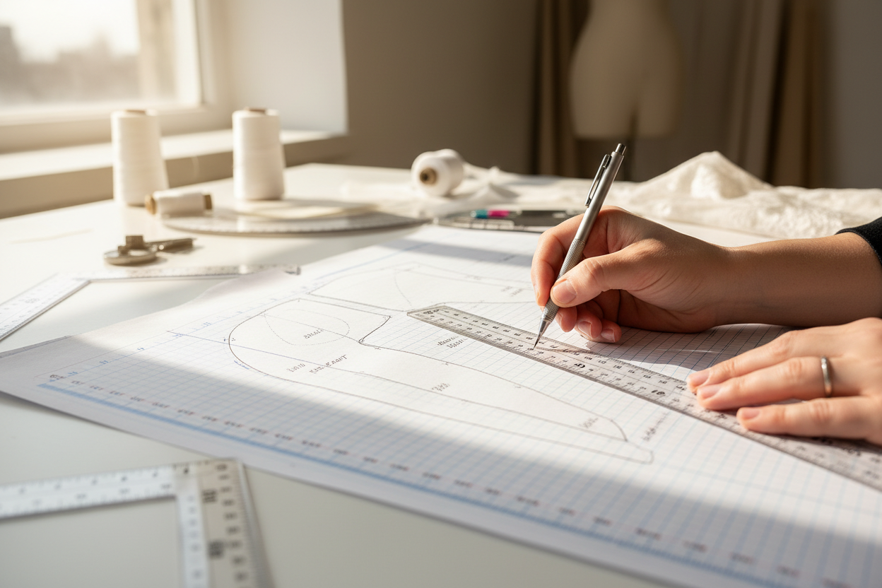 sewing pattern drafting with pencil and ruler